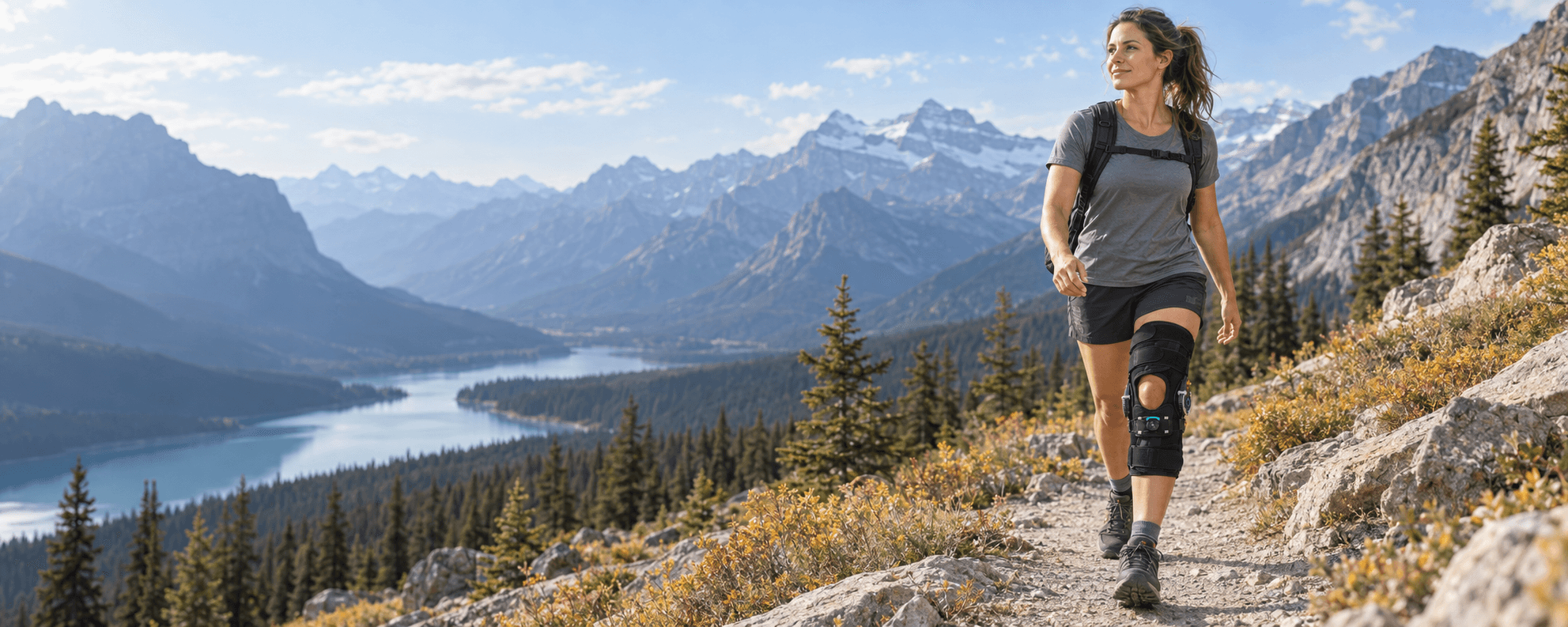 Hiker wearing a knee brace on a mountain trail