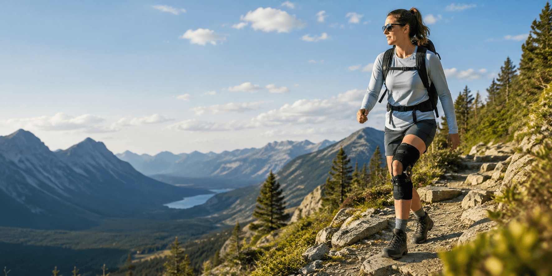 Hiker wearing a knee brace on a mountain trail