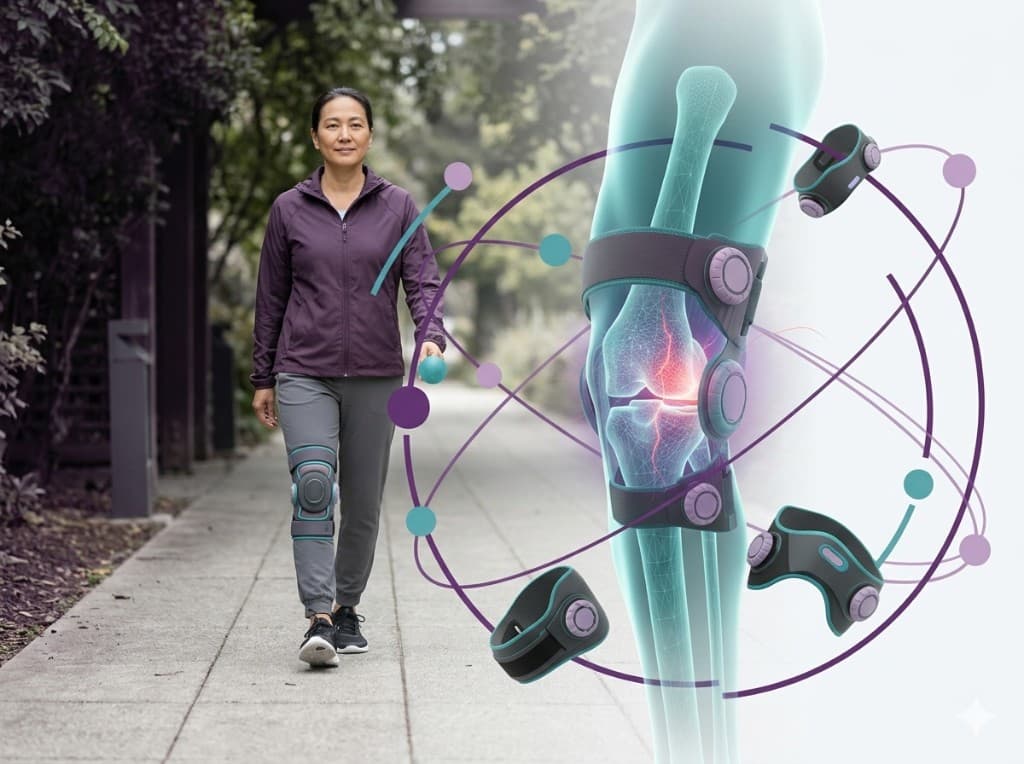 Person walking outdoors in a knee brace, with a stylized illustration of the knee, brace, and joint support.